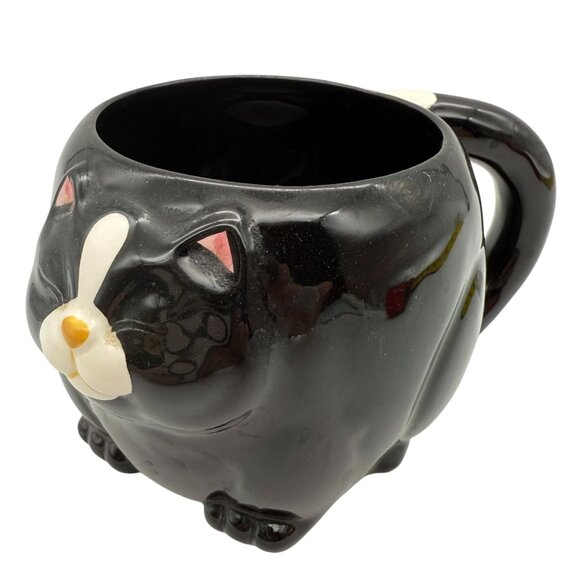 Takahashi Japan 3D Black Tuxedo Cat Coffee Cup Ceramic Tail Handle Paws Base - Picture 1 of 12